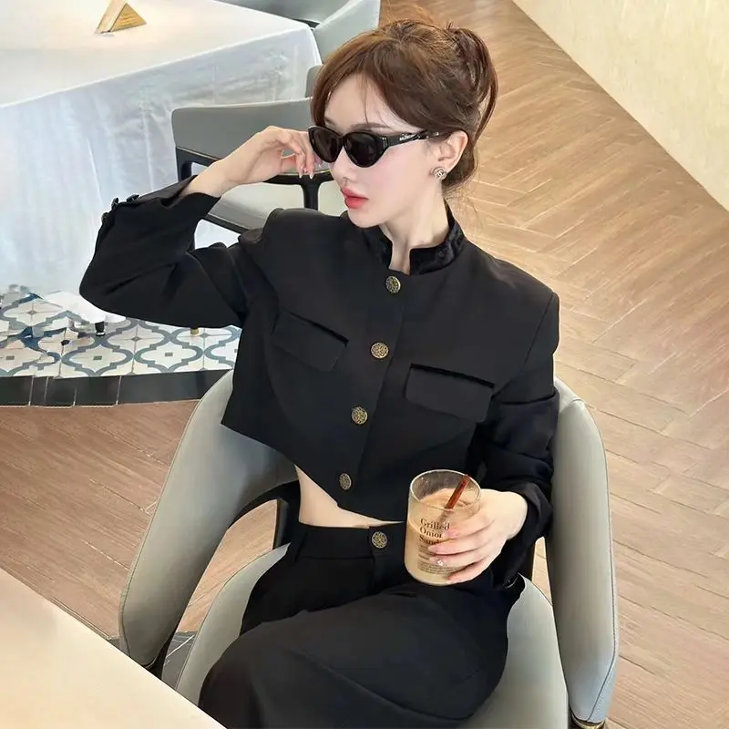 

Women's Autumn Fragrant Style Standing Collar Blazer Wide Leg Pants Set Vintage Casual Single breasted Coat Pants Two Piece Set