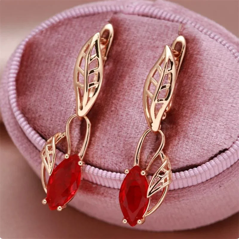 Red Marquise Stone Pendant Hollow Leaf Hoop Earrings For Women Charm Gold Color Ear Buckle Wedding Jewelry Engagement Party Gift