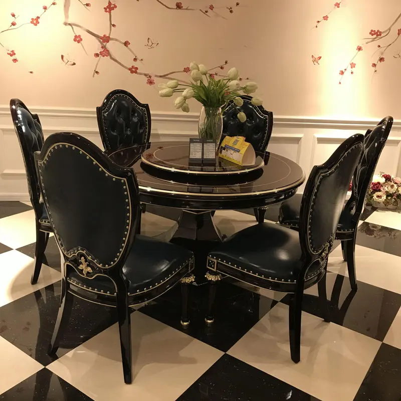 European dining table and chair 6 people combination home restaurant 1.5 meters solid wood carved round table simple European le