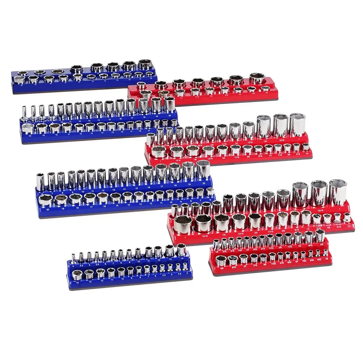 SucceBuy 6pcs/8pcs Blue+Red Magnetic Socket Organizer Set 3/8'' 1/2'' Metric SAE Socket Trays with Clear Labels for Tool Box