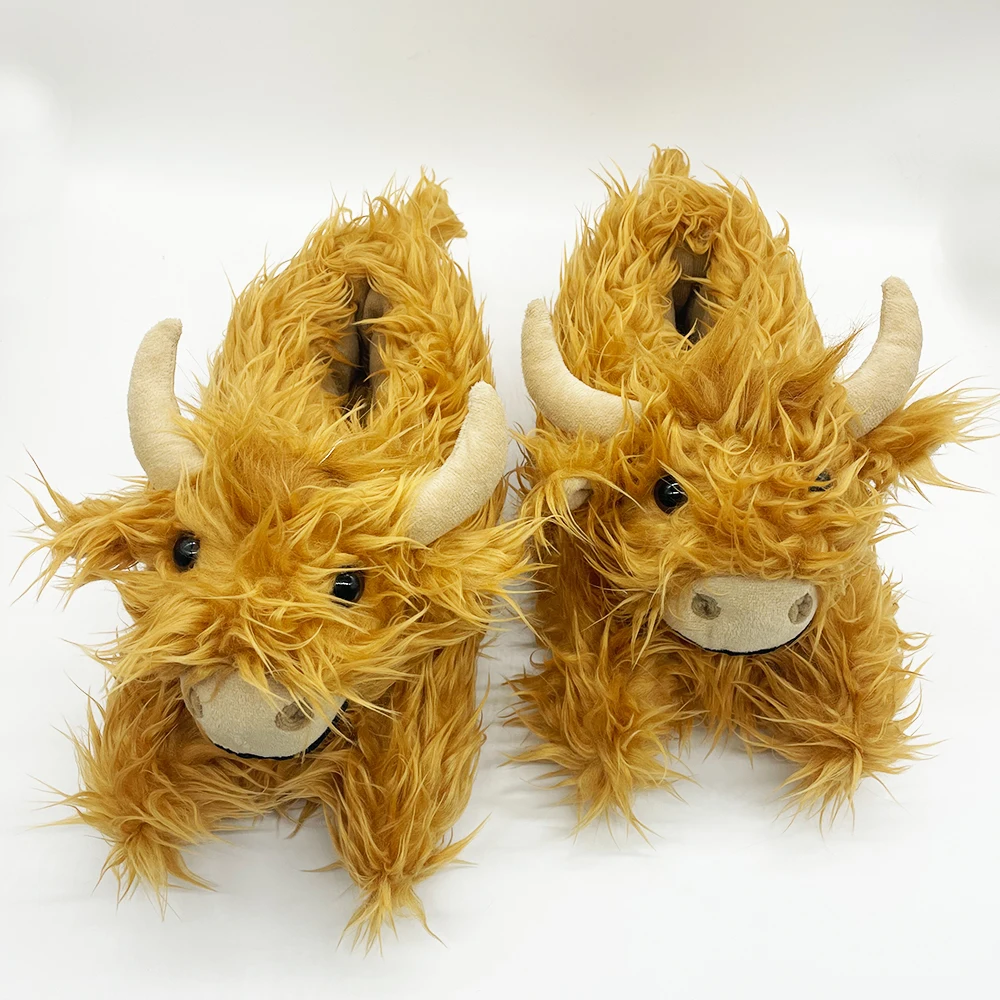 MYRYTANDA Plush Slippers Highland Cow Fluffy Slipper Women Winter Warm Shoes Men Indoor Cartoon Animal Cozy Slides