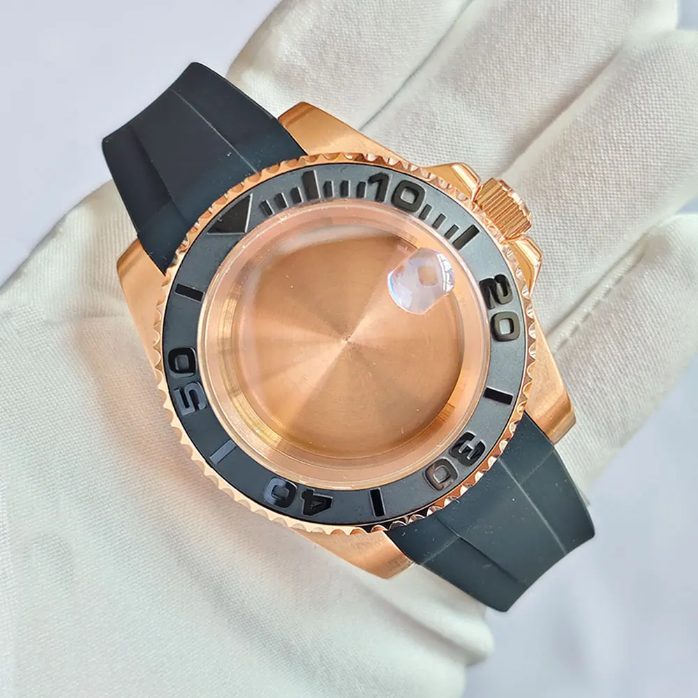 Rose Gold 40mm GMT SUB Watch Case with Silicone Strap and Sapphire Glass