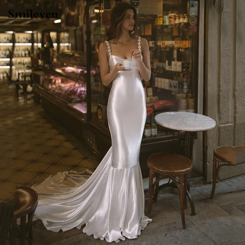 

Smileven Satin Beach Mermaid Wedding Dresses Floor Length Pleats Satin Bride Dress Wedding Gowns Backless 2023 Vestido De Noiva