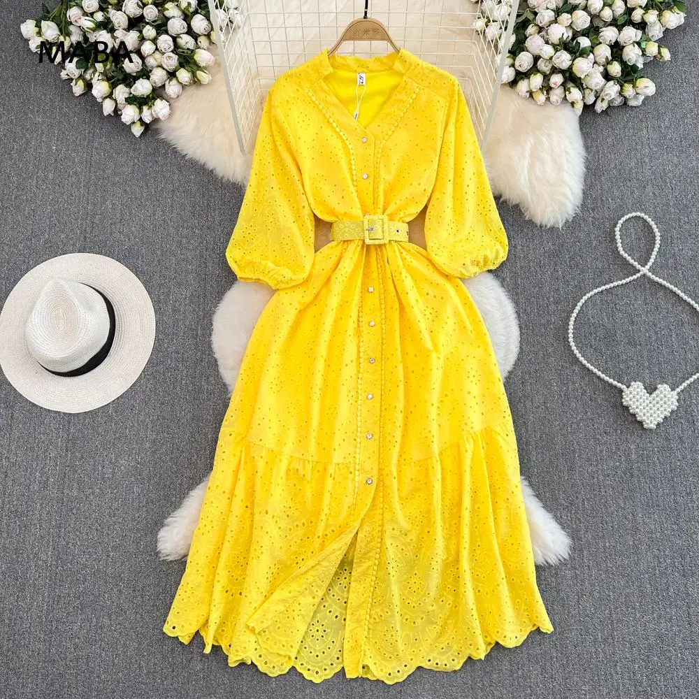 

Vintage Women Embroidery Hollow Out Cotton Dress Summer New Ladies V Neck Loose Belt Elegant French Beach Long Dress Vestidos