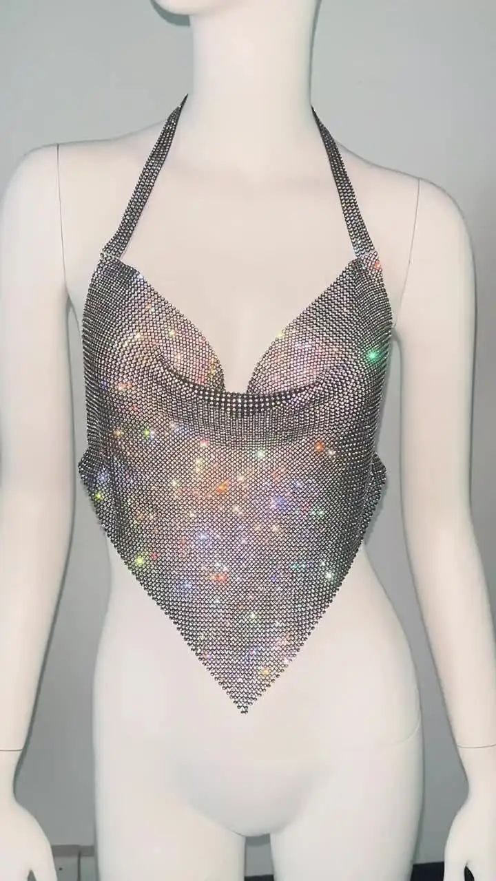 AKYZO Women's V-Neck Backless Crop Tops Female Rhinestone Tank Top
