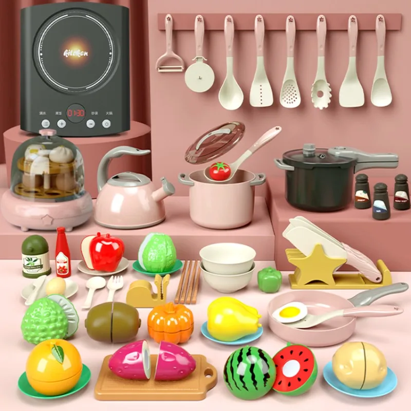 Children Play House Simulation Kitchen Cooking Toys for Kids Boys and Girls Cutting Fruit Cooking Game Kitchen Utensils Toy Set