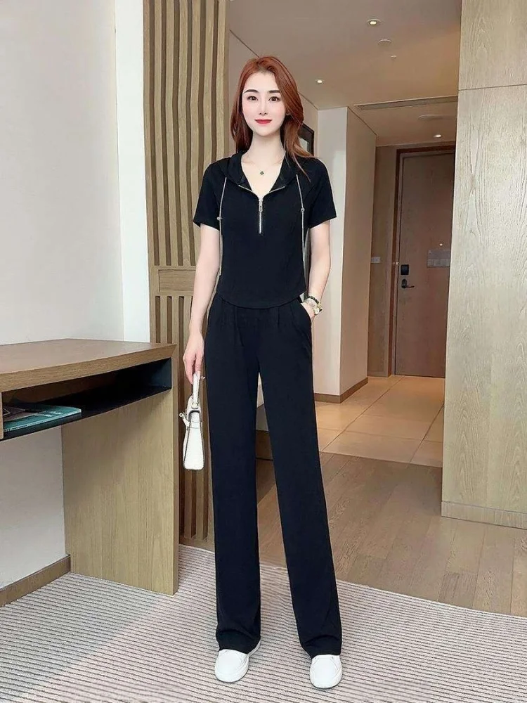 Spring Summer Women's Fashion Sports Suit Hooded Short Sleeve Sportswear High Waist Straight Leg Wide Leg Pants Two Piece Set