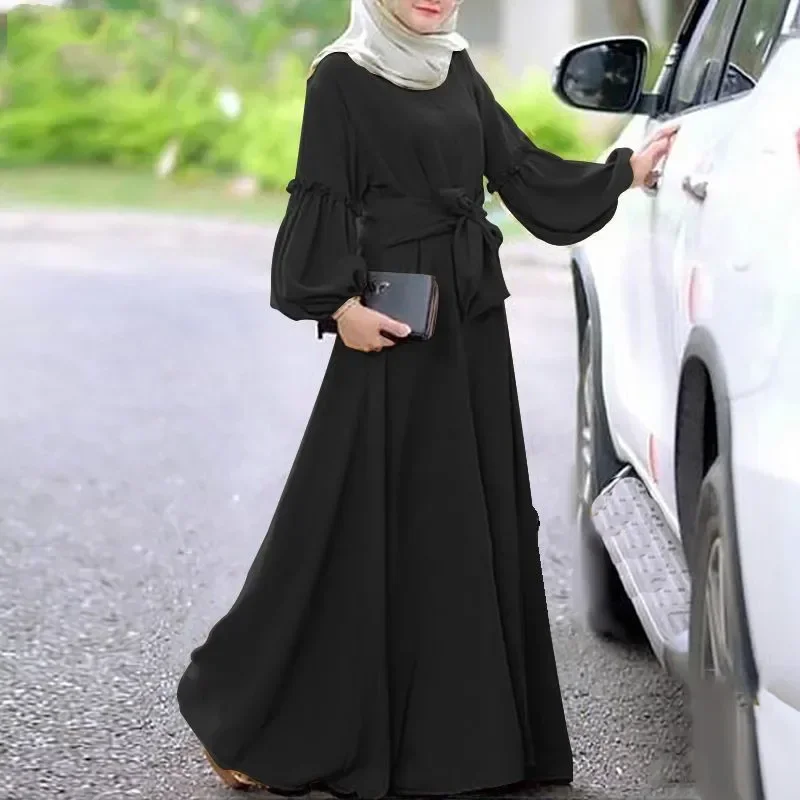 Muslim Abaya Dress Dubai Solid Color Long Sleeve Ruffled Casual Dresses for Women Islamic Kaftan Robe Femme Musulmane Vestidos