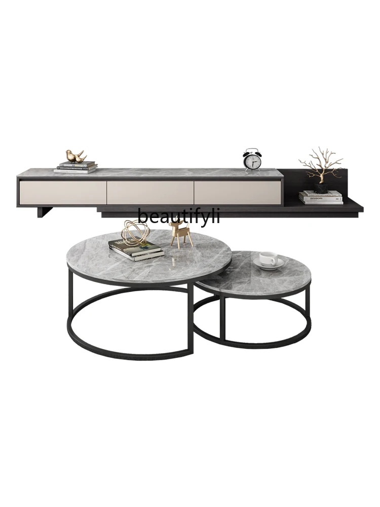 

zq Minimalist Creative Stone Plate Stretch TV Cabinet and Tea Table Combination Nordic Living Room Floor Cabinet Wall Cabinet