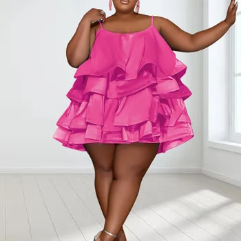 Wmstar-여성용 플러스 사이즈 드레스, 탱크, 섹시한 파티, 귀여운 프릴 빅 헴 미니 드레스, 새로운 여름 의류, 도매, 드롭 배송