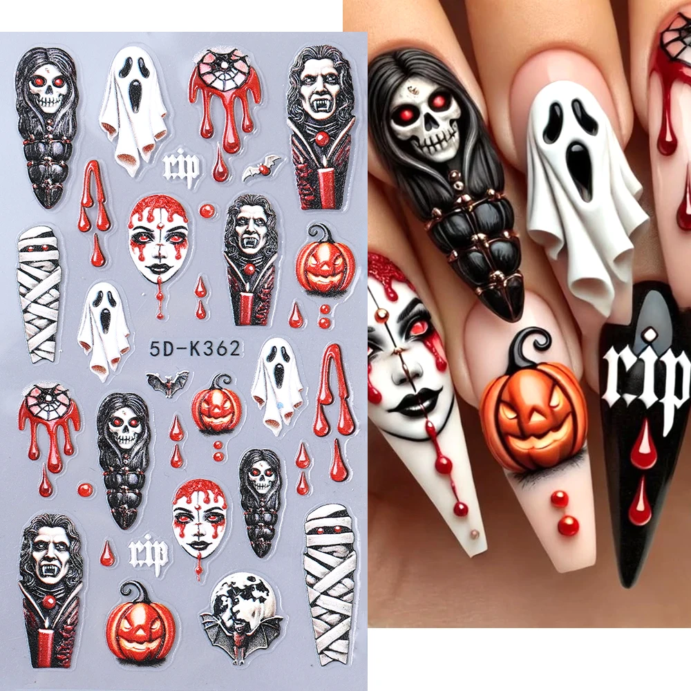 5D Halloween Nail Art Stickers Cartoon Bleeding Spider Pumpkin Design Nail Slider Decals for DIY Manicure Decoration Accessories