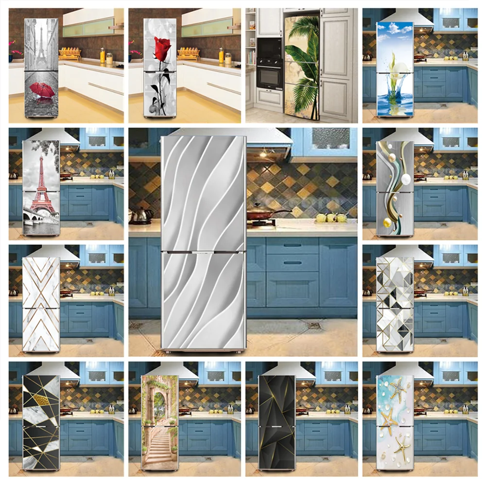 Linea Astratta Palm Fridge Stickers Frigorifero Cover Door Flower Marble Wallpaper Up Freezer Film Wrap Decor Poster Full Custom