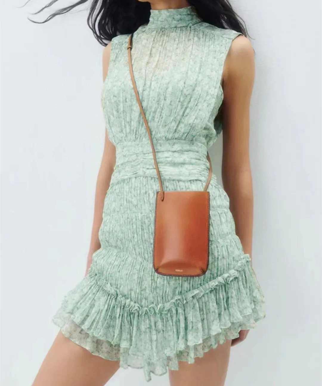 

Women Stand Collar Slim Waist 100% Silk Pleated Ruffles Mini Dress
