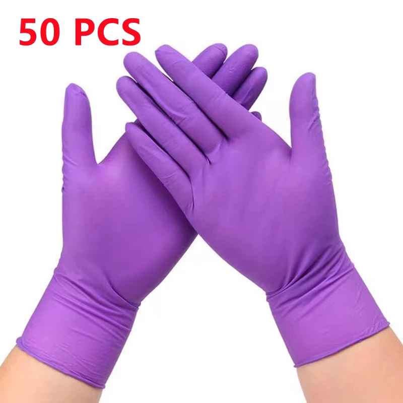 Guantes de nitrilo desechables de 20/50 piezas, de goma sin polvo, de color morado, para trabajos manuales, para mecánicos, cocinas, belleza, limpieza del hogar