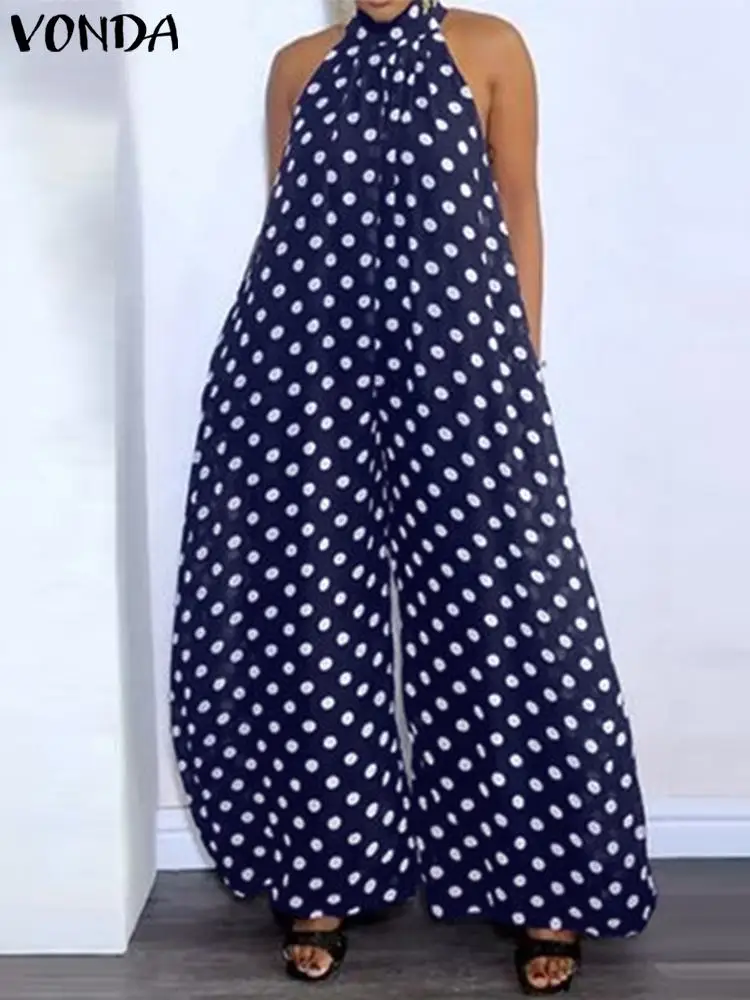 VONDA Women Jumpsuits 2024 Vintage Standing Collar Sleeveless Polka Dot Jumpsuit Summer Party Romper Overalls Oversized