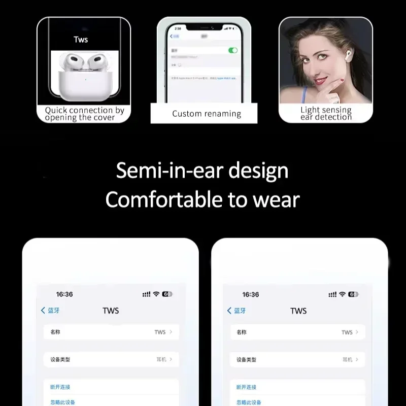 Wireless Earphones Bluetooth Headphones Noise Cancell Stereo Music Earbuds Touch Control Earbud With Microphone Pro 4 lanyard 6