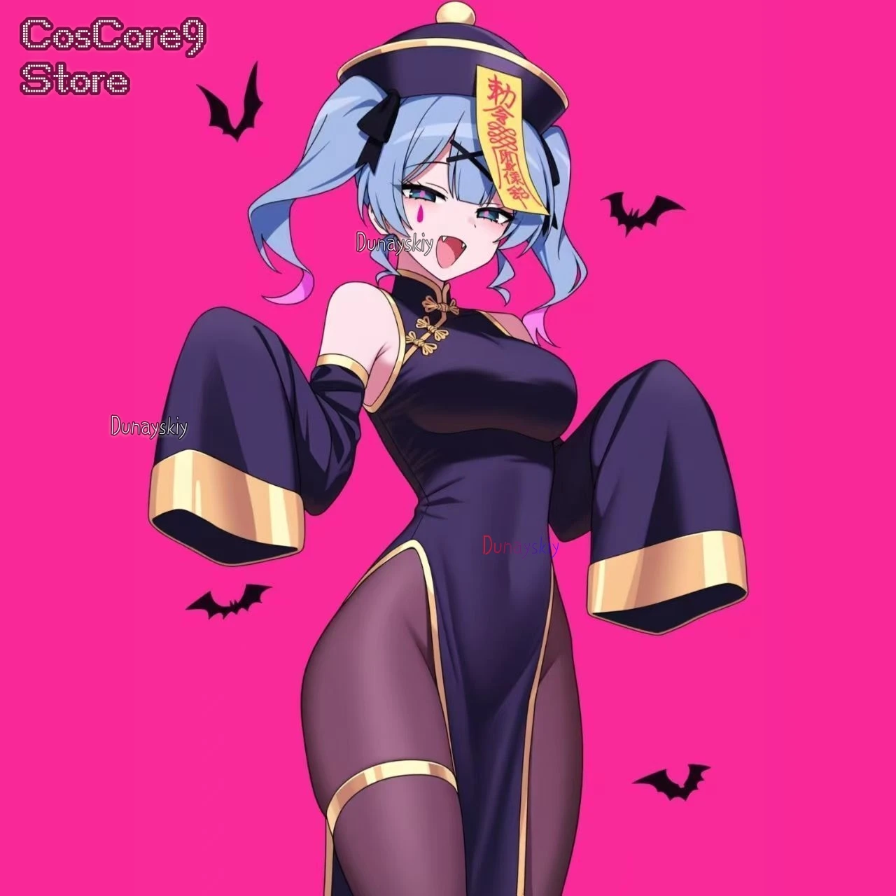 Mikuku Coniglio Foro Jiangshi Cosplay Cheongsam ssiHalloween Anime Qipao Con Pantaloni Cappello Calzini Vestito Ruolo Palying Party - immagine 3