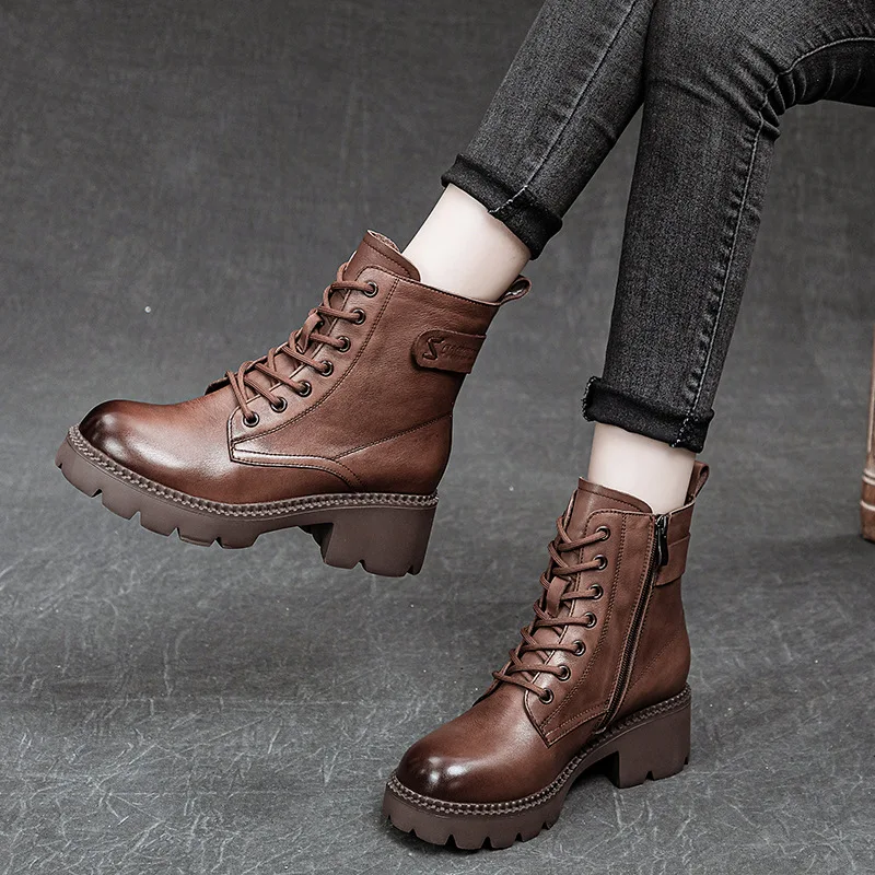 Fashion New Genuine Leather Shoes Women Boots Black Round Toe Flat With Handmade Sexy Concise Leisure Sewing Platform Boots Larg