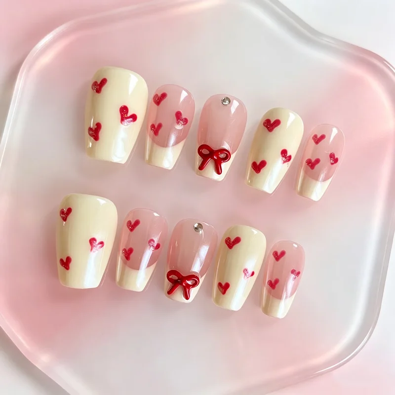 Elegant Handmade Acrylic Press-On Nails Kit - Bowknot & Heart Design with Aurora Finish
