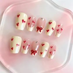 Elegant Handmade Acrylic Press - On Nails Kit - Bowknot & Heart Design with Aurora Finish (M)