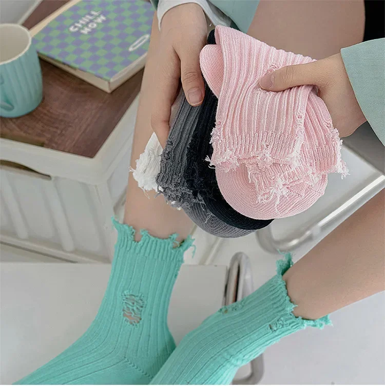 Fashion Socks Womens Socks Women Socks Cotton Socks Fashion Socks for Women Harajuku Street Broken Hole Beggar Medium Tube Autumn Winter Pile Hip-Hop Skateboard Cotton