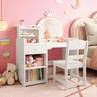 Kids Vanity with Lights, 2 in 1 Princess Makeup Vanity Desk & Chair Set, Toddler Vanity Table with Open Bookshelf for Girls 3