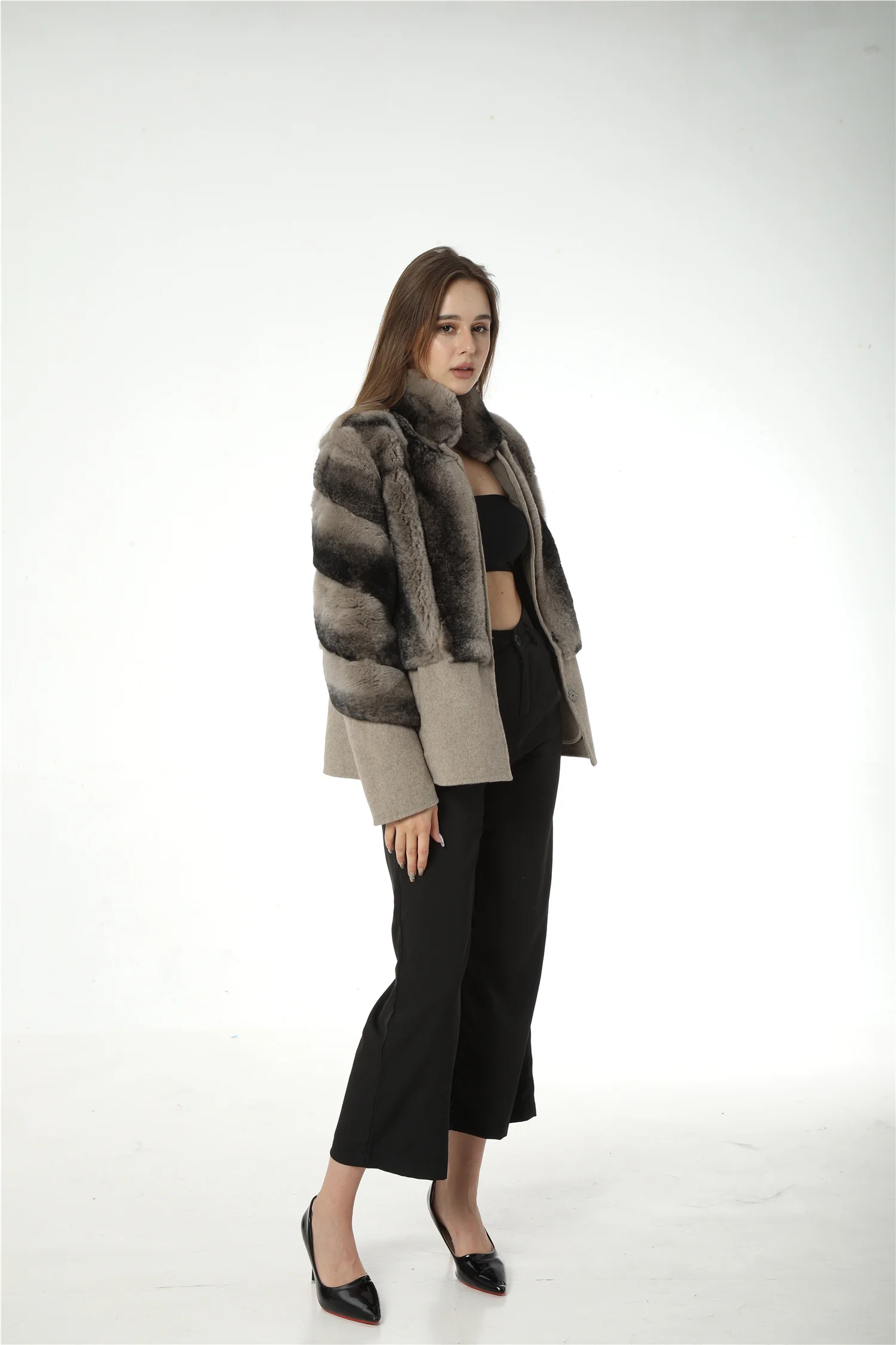 striped real Rex rabbit fur jacket black and white fur coat with wool 100% hem 220612 patchwork  luxury
