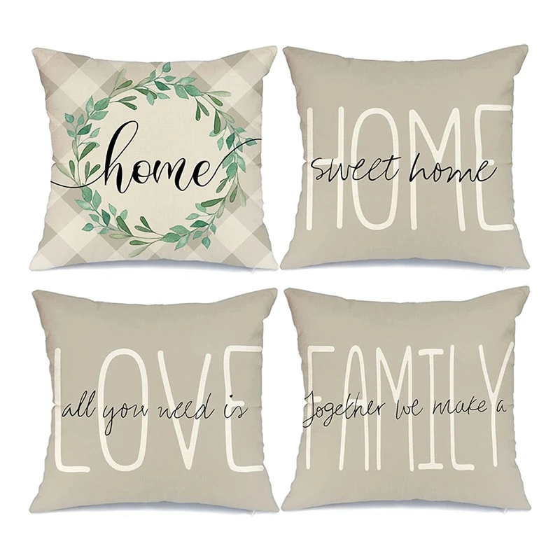 

4Pcs Pillow Covers Home Sweet Home Family Beige Buffalo Plaid Throw Pillow Covers Decorative Pillows Case 18X18inch