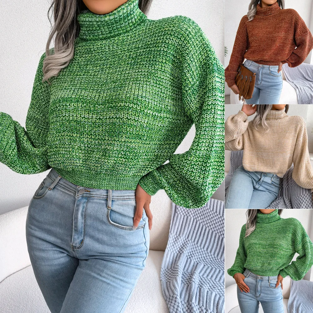 

Women's Lantern Sleeve Color-mixing Pullovers Knit Sweater Lady Girl Winter Ins Style Jumpers Fashion Casual Turtleneck Sweaters