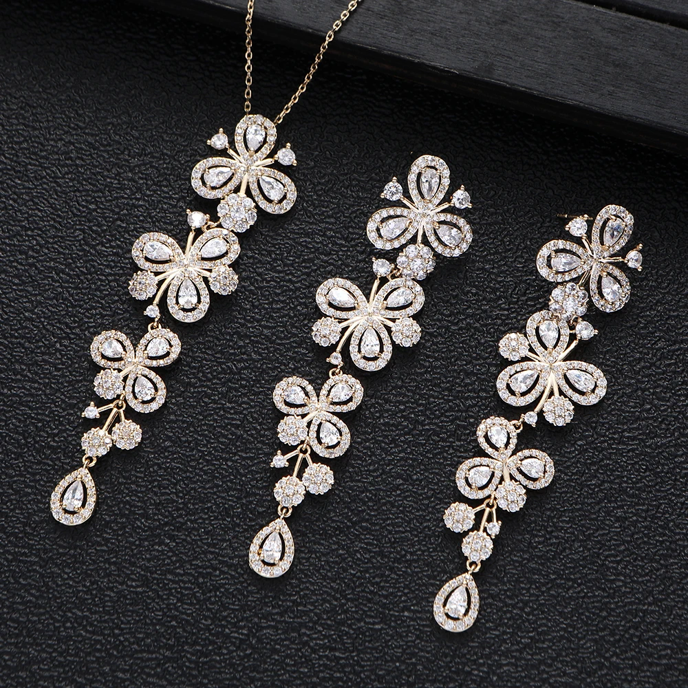 

Luxury Long Waterdrop Flower Tassel Chain Stackable Pendant Necklace Earring Set Full Cubic Zircon Charm Women Jewelry Gift S372