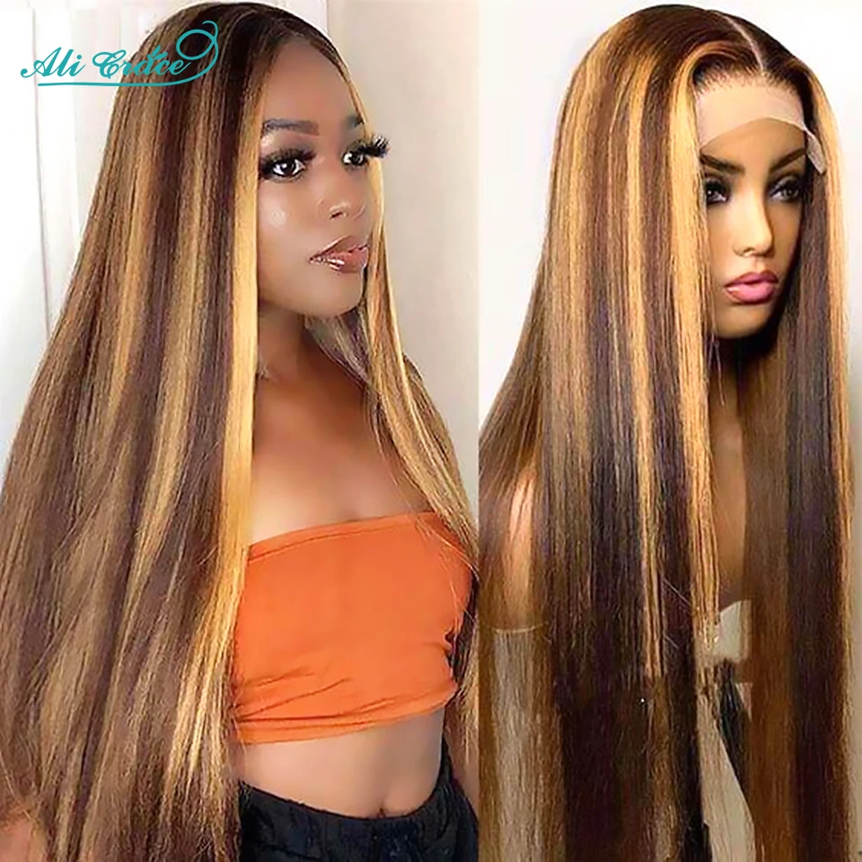 

Ali Grace #4/27 Honey Blonde Highlight Color 13X4 Lace Front Human Hair Wigs Straight Ombre 4x4 Lace Closure Wig Pre-plucked