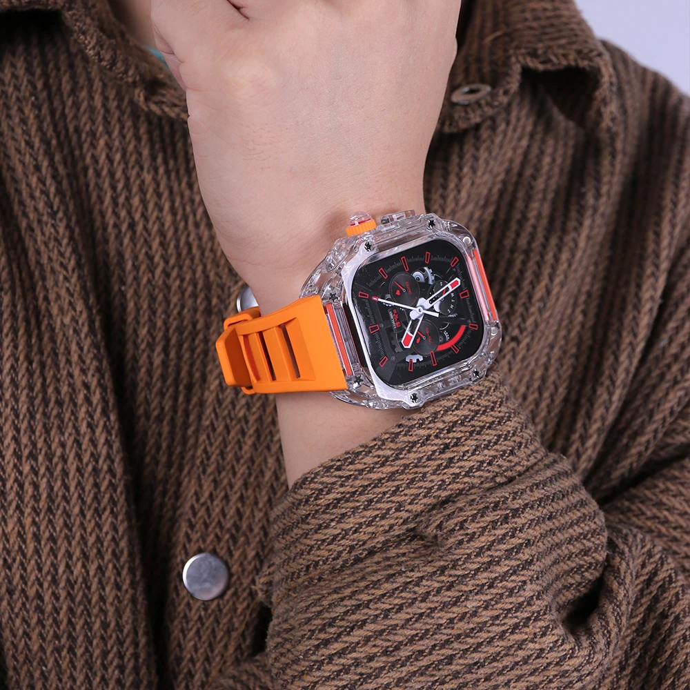 49mm Luxury Transparent Case Modification Kit for Apple Watch Ultra 49mm 8 7 45mm for Iwatch Series 7 6 5 4 SE 44mm Rubber Strap