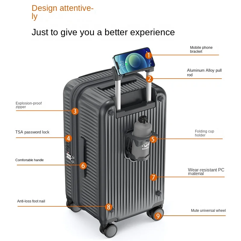 New Luggage Multifunctional Luggage Trade Large Capacity Cup Holder PC Ultra light Trolley Suitcase Universal Travel Suitcase