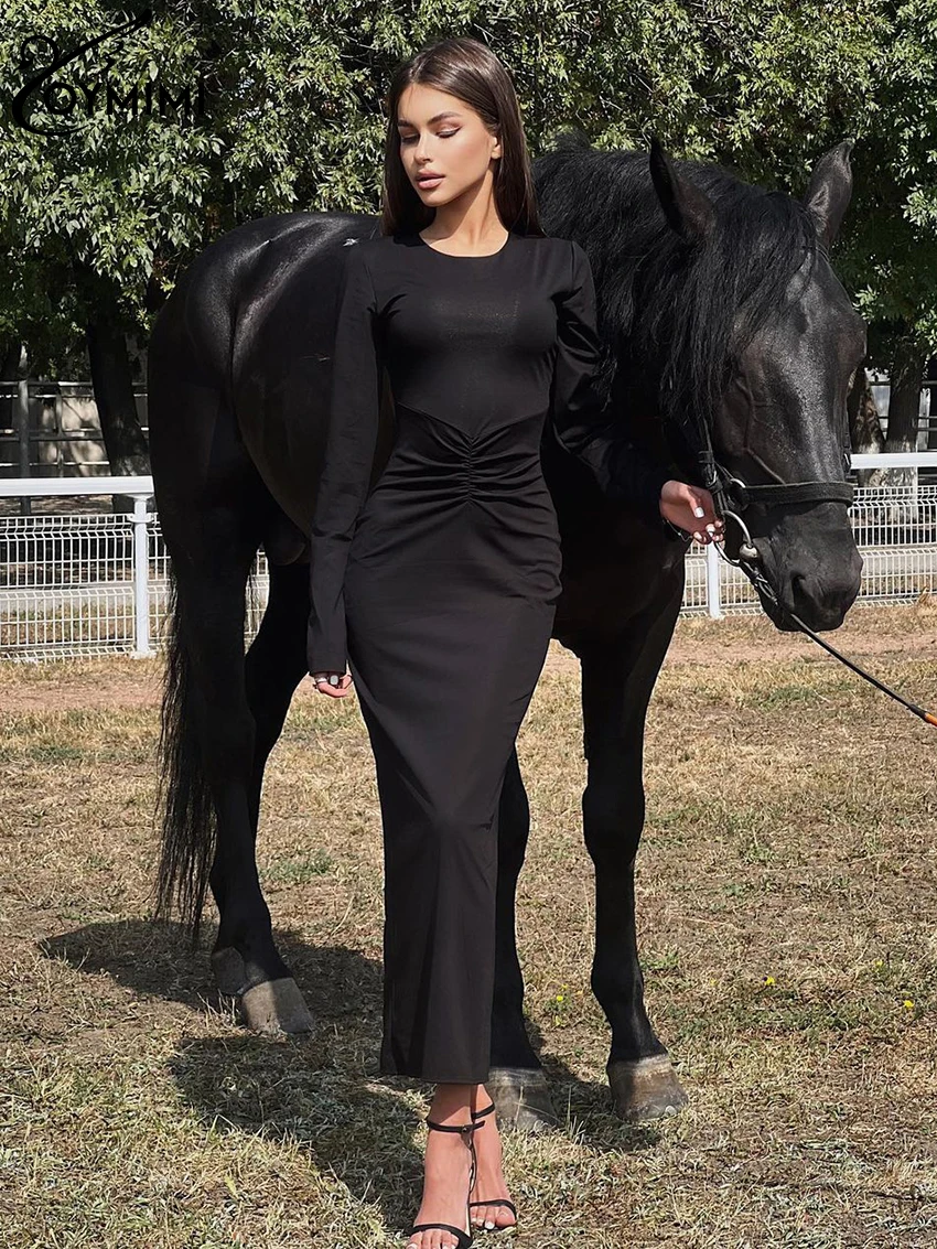 

Oymimi Bodycon Black Knitted Women'S Dress 2023 Fashion O-Neck Long Sleeve Ankle Length Dresses Elegant Slim Ruched Female Dress