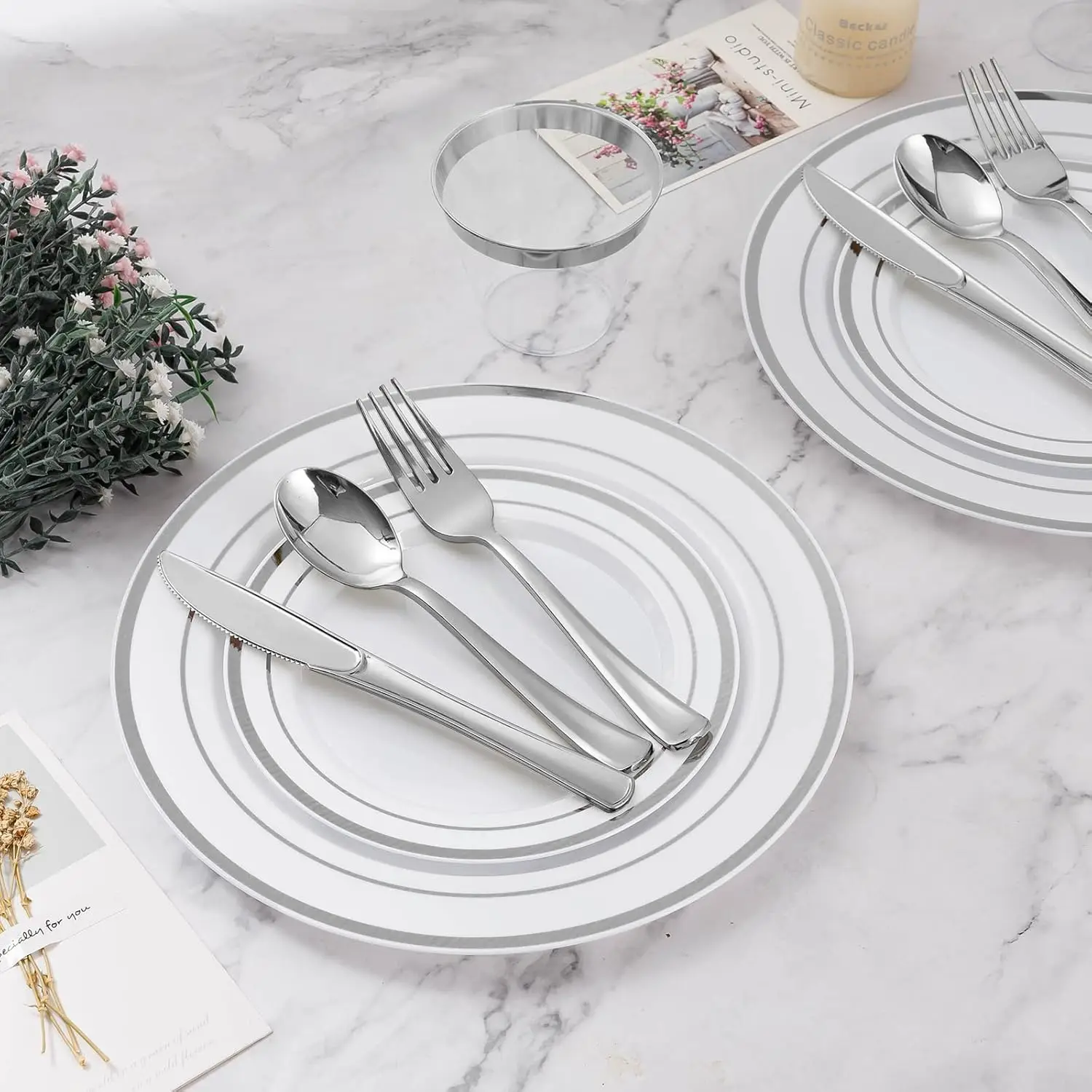 600PCS Plastic Dinnerware Set (100 Guests), Silver Disposable Plates for Party, Wedding, Includes: Dinner, Dessert, Cups, Spoons