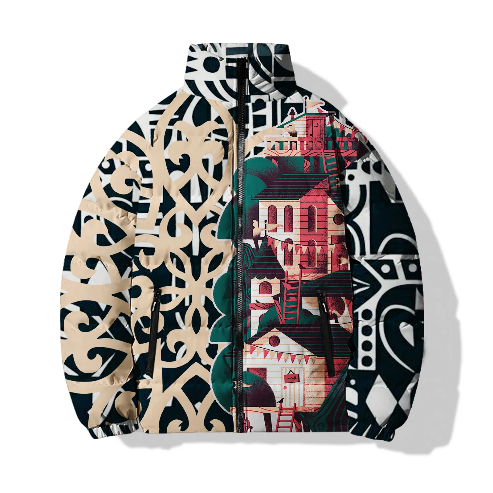 thumbnail image 1 of Chaquetas de invierno para hombre, chaqueta holgada, abrigo para hombre, ropa informal de algodón para hombre, chaqueta de algodón estampada con patrón de montaña de nieve, abrigos, 1 of 5