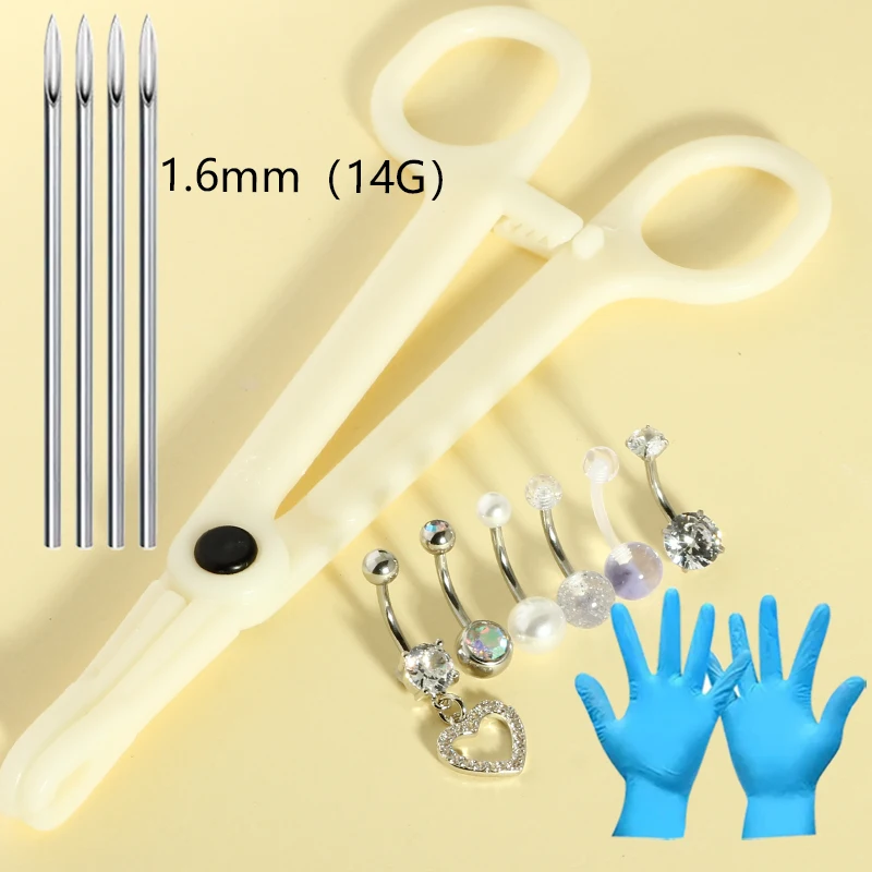 Navel Rings Piercing Jewelry Stainless Steel Cubic Zircon Belly Button Piercing Needles and Clamps Tool For Woman