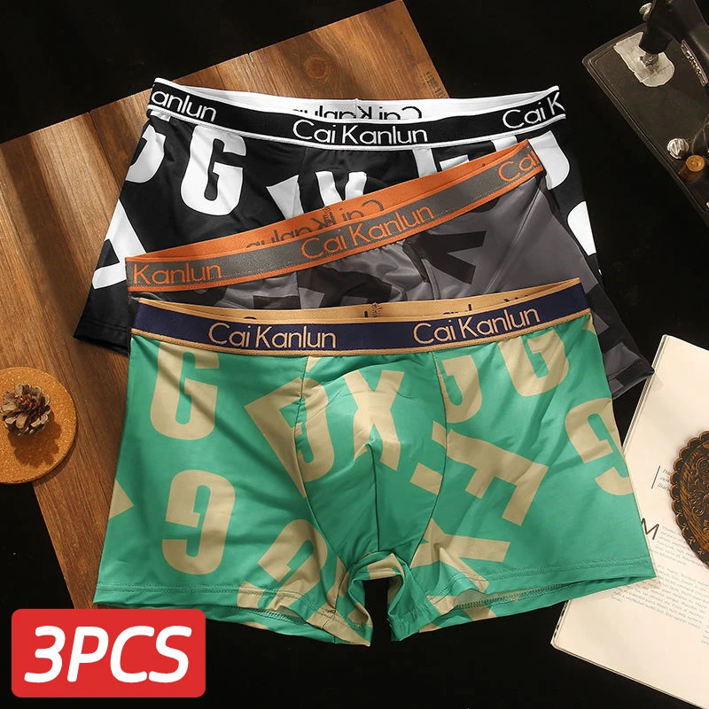 

3 Pcies/Set Fashion Men's Underwear Fashion Ice Silk Seamless Boxer Underwear Men's Personality Trendy Underwear