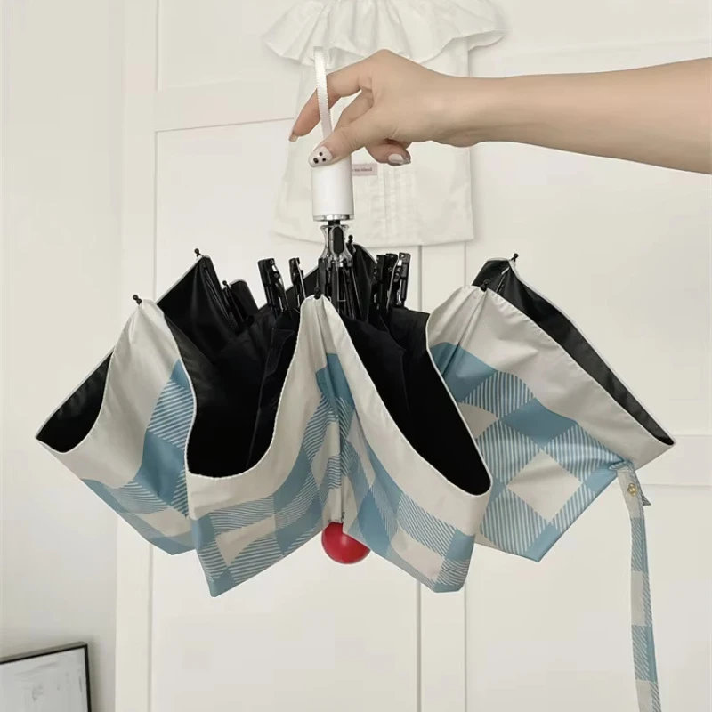 Automatic Open Close Minimalist Checkered Umbrella UV50+ Sun Protection Compact Folding Umbrella for Women