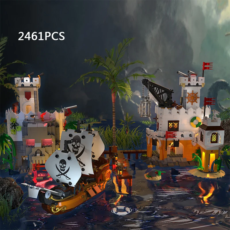 Scena Creativa Mini Block Pirate Ship Port Skull Island Model Assemblare Giocattoli Collezione Figure Building Brick For Boys Gifts
