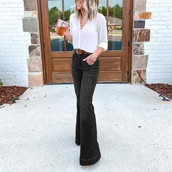 Women's Slim Fit Flare Pants Fashion Office Business Wear Elegant Skinny High Stretch Deep Blue/Black High Waist Denim Pants 1
