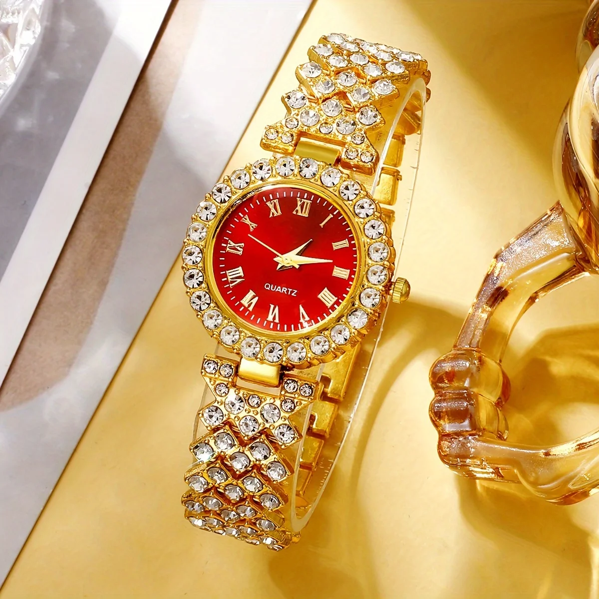 Womens Fashion Diamond Roman Dial Quartz Watch Stainless Steel Strap