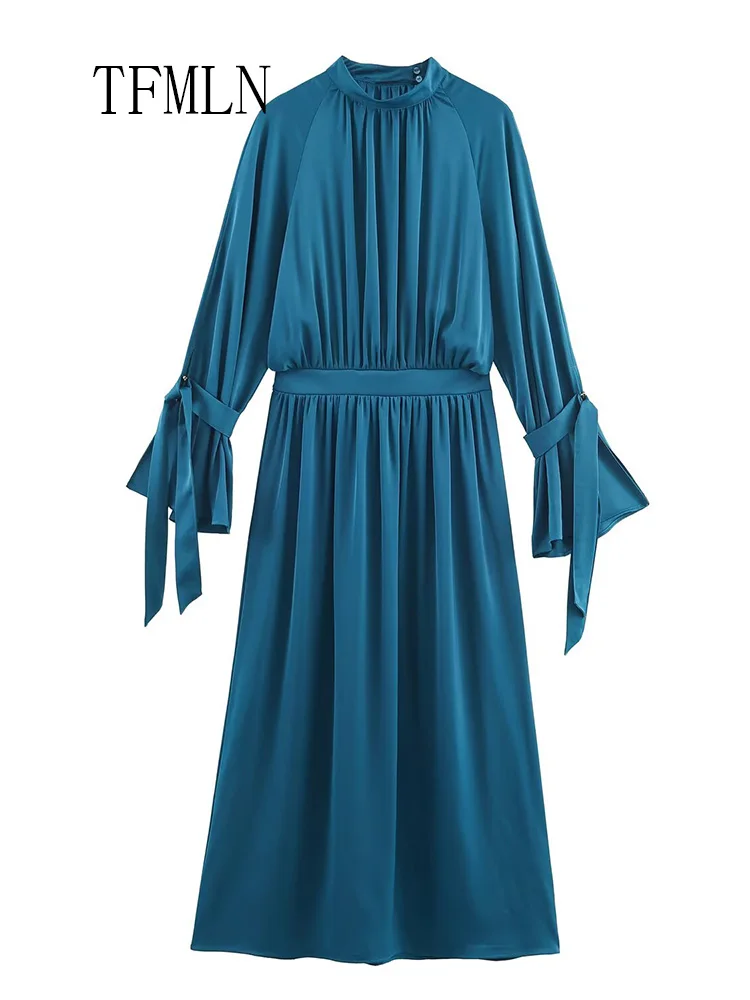 Fashion Women Solid Midi Long Dresses 2026 Spring Summer Elegant O-neck Flare Sleeve Causal Chic Dress Simple A-line Party Dress