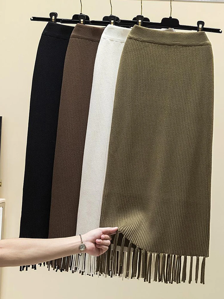 New Knitted Tassels Women Skirts Solid Slim Faldas Mujer Femme High Waist Midi Skirt Chic Straight Casual Streetwear Vestidos