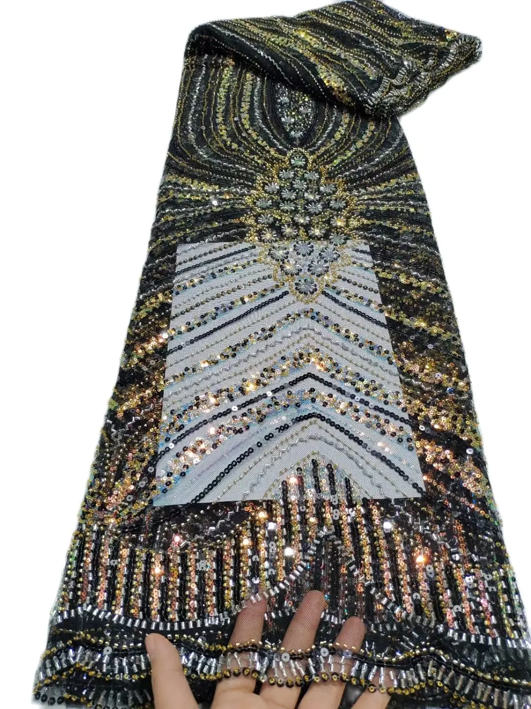 

Black Beaded Sparkle European Sequins French Tulle Lace Net Bridal Event Dresses Mesh Materials