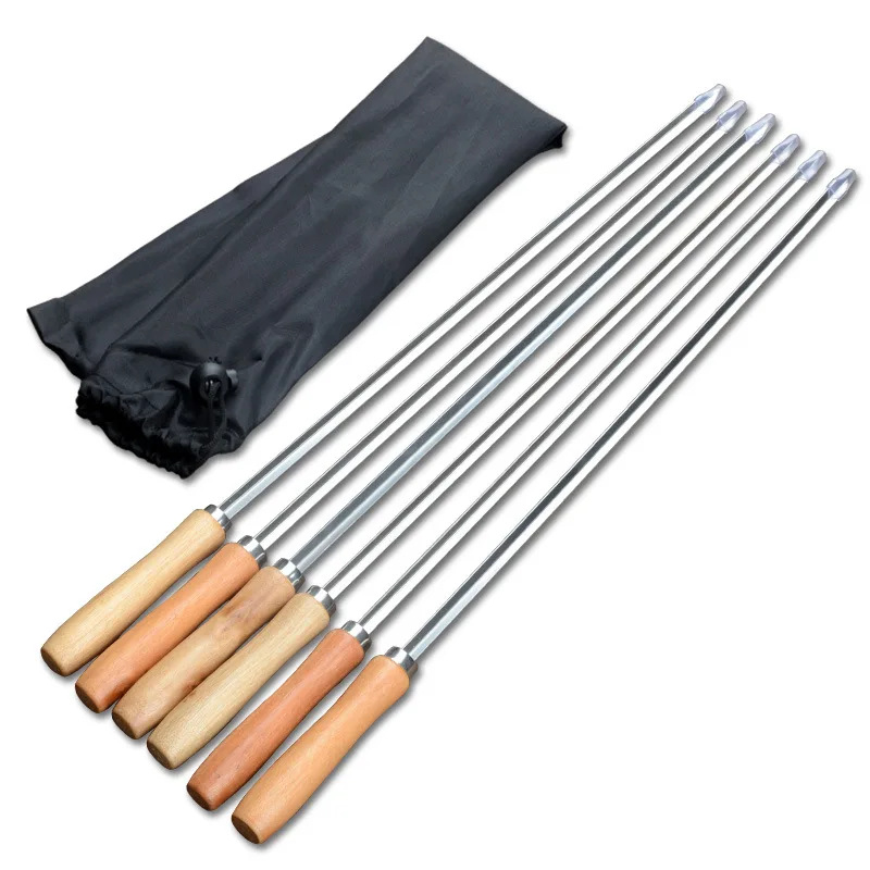 50cm V-type Long Wood Handle BBQ Skewers Shish Kebab Grill Stick Wood BBQ Fork Stainless Steel Barbecue Grill Needle Tools 6pcs