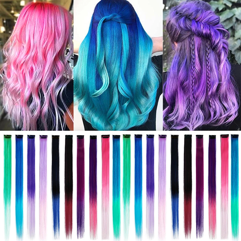 20 Packs Multi-colors Party Highlights Clip in Hair Extensions Synthetic 22 inch Rainbow Colored Hairpieces for Girls Women Kids