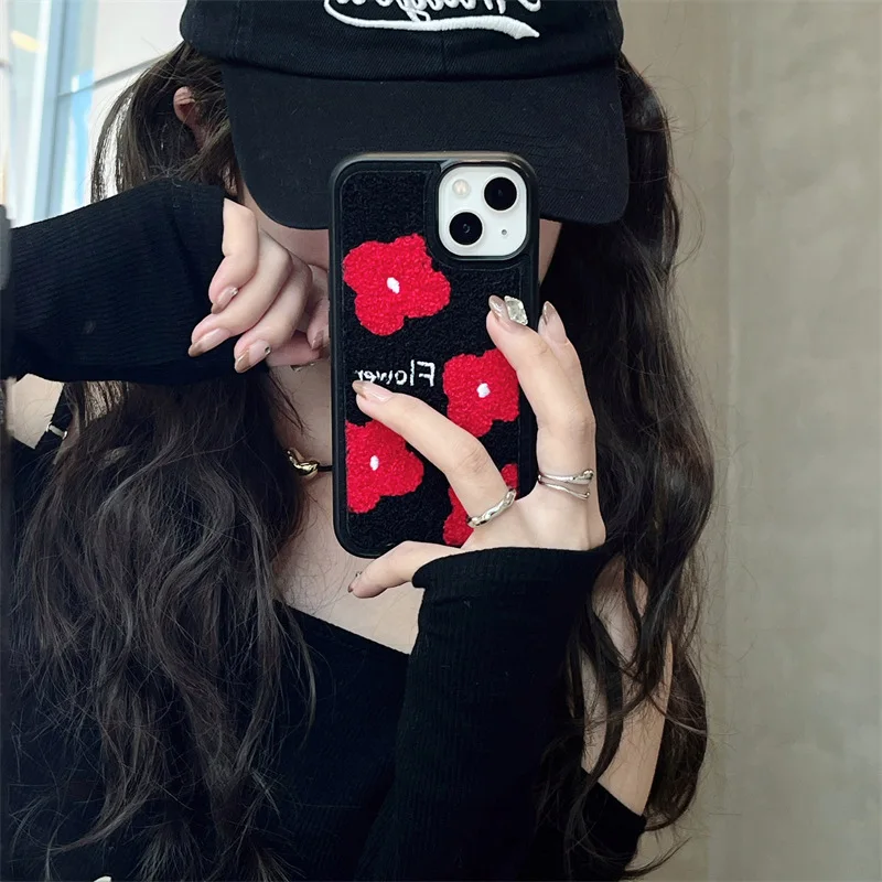

Four Red Flowers Terry Pile Phone Cover Case for iPhone 15 14 13 12 11 Pro Max