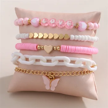 New Artifact Pink Niche Design Sweet Style Love Letter Decoration Butterfly Pendant Children's Bracelet 5-piece Set 1