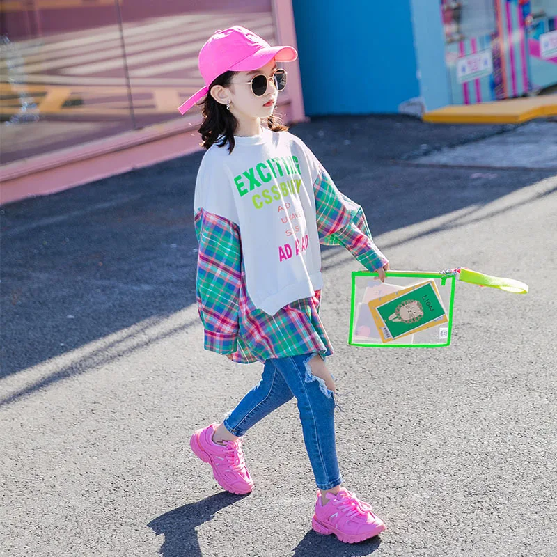 

8 10 years Girls Plaid Shirts Fashion Teen Girls Spring Fall Blouse Patchwock Cotton Tops Long Sleeve Kids Outfit Clothes